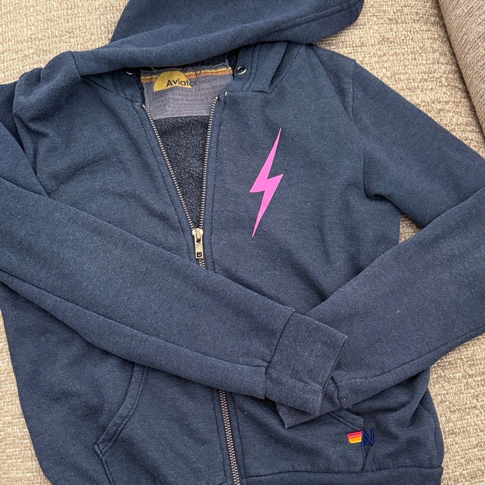 Aviator Nation Dark Blue Zip Hoodie with Pink Lightning Bolt 12